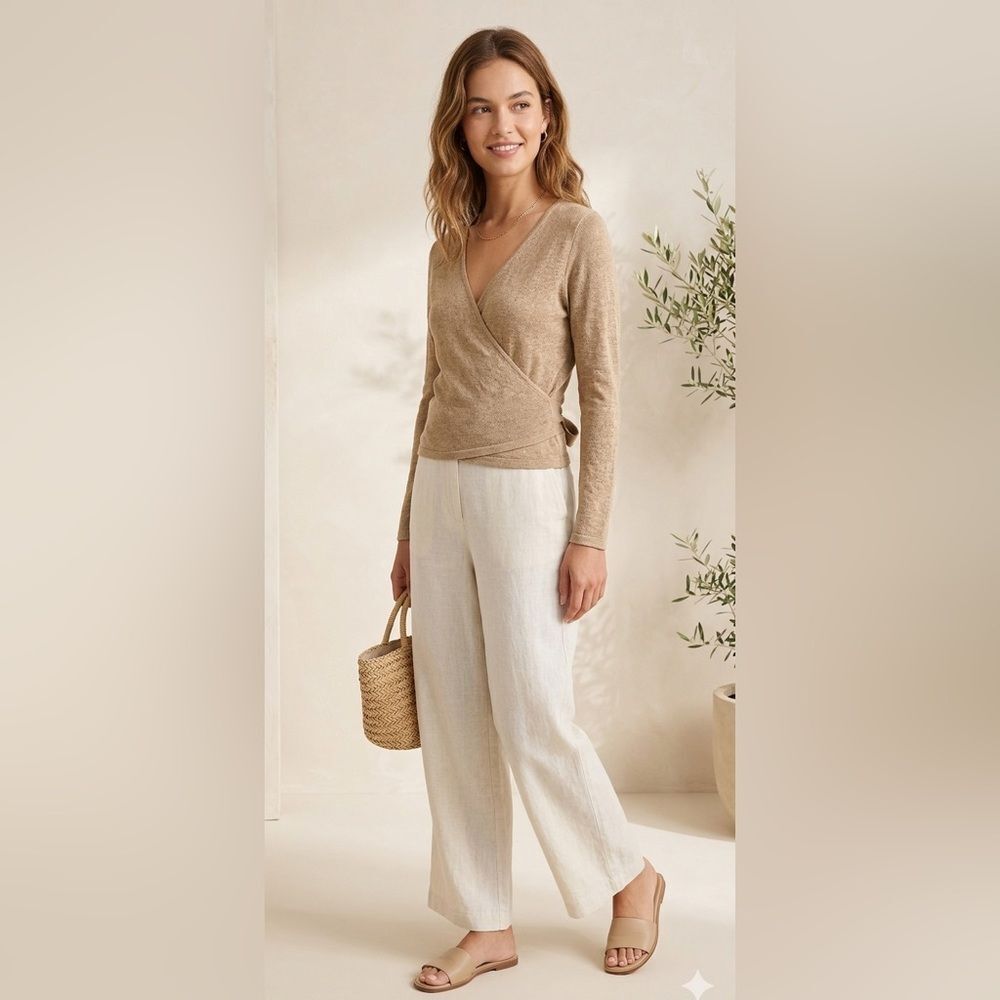 J.Crew Linen Blend Wrap Sweater Top XXS Tan Knit Tie Back - Soft Neutral Vibes